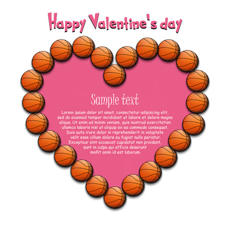 Happy Valentine Day. Frame of basketball balls laid out in the shape of the heart on isolated background. Design pattern for greeting card, banner, poster, flyer, invitation party. Vector illustrationのイラスト素材