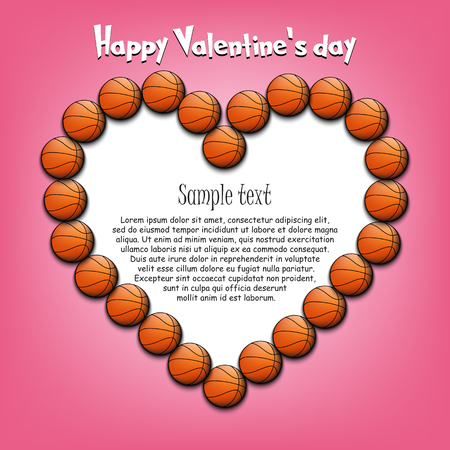Happy Valentine Day. Frame of basketball balls laid out in the shape of the heart on isolated background. Design pattern for greeting card, banner, poster, flyer, invitation party. Vector illustrationのイラスト素材