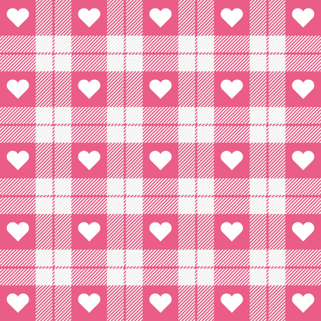 Valentine day tartan plaid. Hearts on scottish cage. Scottish pattern in pink and white cage.  Scottish checkered background. Seamless fabric texture. Vector illustrationのイラスト素材