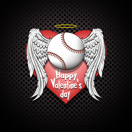 Happy Valentine day. Baseball logo template design. Baseball ball with wings and nimbus. Pattern for banner, poster, greeting card, party invitation. Vector illustrationのイラスト素材