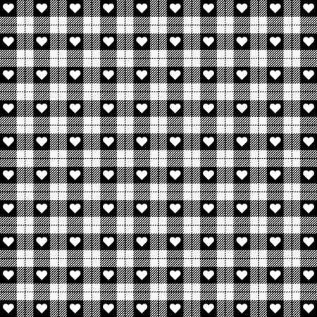 Valentine day tartan plaid. Hearts on scottish cage. Scottish pattern in black and white cage.  Scottish checkered background. Seamless fabric texture. Vector illustrationのイラスト素材