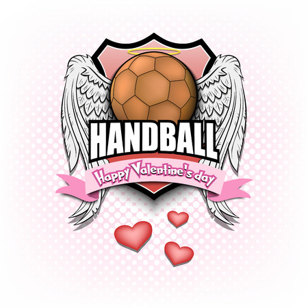 Happy Valentine day. Handball logo template design. Handball ball with wings and nimbus. Pattern for banner, poster, greeting card, party invitation. Vector illustrationのイラスト素材