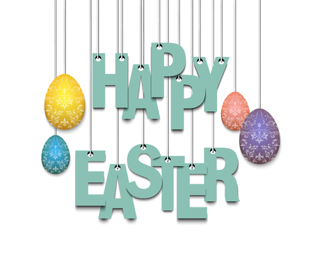 Happy Easter. Hanging letters on ropes. Pattern for greeting card, banner, poster, flyer, invitation, ad, promotion, article. Vector illustrationのイラスト素材