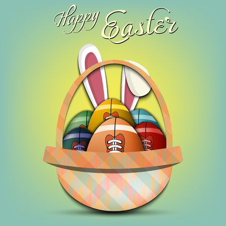 Happy Easter. Basket with decorated eggs in the form of a football ball and rabbit ears on an isolated background. Pattern for greeting card, banner, poster, ad. Vector illustrationのイラスト素材