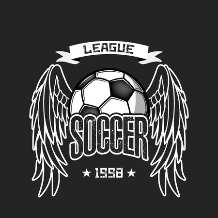 Soccer logo design template. Football emblem pattern. Soccer ball with wings on isolated background. Vintage style. Print on t-shirt graphics. Vector illustrationのイラスト素材