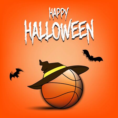 Happy Halloween pattern. Basketball template design. Basketball ball with witch hat. Design pattern for banner, poster, greeting card, flyer, party invitation. Vector illustrationのイラスト素材