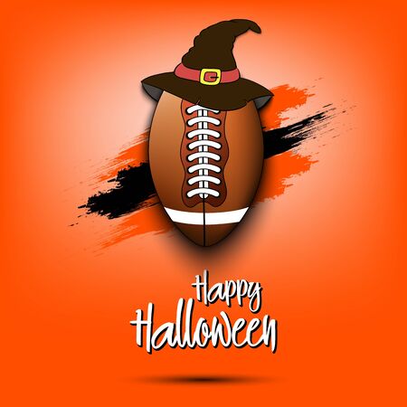 Happy Halloween pattern. Football template design. Football ball with witch hat. Design pattern for banner, poster, greeting card, flyer, party invitation. Vector illustrationのイラスト素材