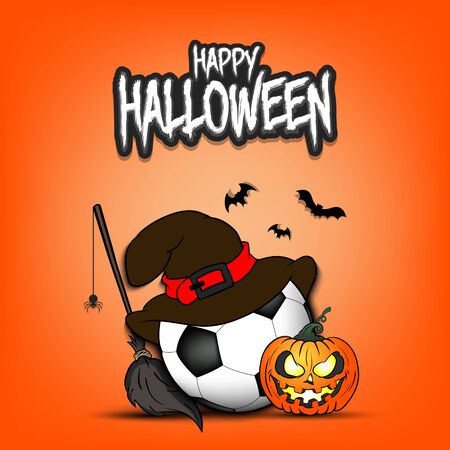 Happy Halloween. Football template design. Soccer ball with witch hat, pumpkin, broom, spider and bat. Design pattern for banner, poster, greeting card, flyer, party invitation.のイラスト素材