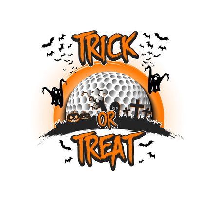 Halloween pattern. Trick or treat. Golf template design. Golf ball, pumpkins, spooky tree, crosses, coffin, ghost and bat. Pattern for banner, poster, party invitation. Vector illustrationのイラスト素材