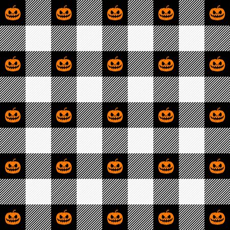 Halloween Tartan plaid. Scottish pattern in black and white cage, and pumpkins. Scottish cage. Traditional Scottish checkered background. Seamless fabric texture. Vector illustrationのイラスト素材