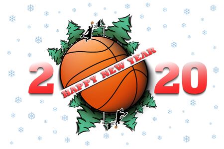 Happy new year 2020 and basketball ball with Christmas trees on an isolated background. Basketball player throws the ball into the ring. Design pattern for greeting card. Vector illustrationのイラスト素材
