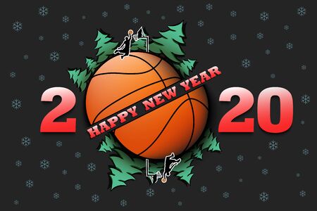 Happy new year 2020 and basketball ball with Christmas trees on an isolated background. Basketball player throws the ball into the ring. Design pattern for greeting card. Vector illustrationのイラスト素材