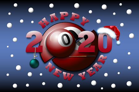 Happy new year 2020 and billiard ball with Christmas ball, cue and hat. Creative design pattern for greeting card, banner, poster, flyer, party invitation, calendar. Vector illustrationのイラスト素材