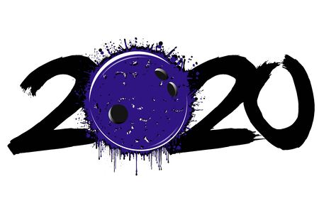 Abstract numbers 2020 and a bowling ball from blots. 2020 New Year on an isolated background. Design pattern for greeting card. Grunge style. Vector illustrationのイラスト素材