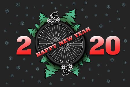 Happy new year 2020 and bicycle wheel with Christmas trees on an isolated background. Cyclist in motion. Design pattern for greeting card. Vector illustrationのイラスト素材