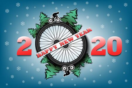 Happy new year 2020 and bicycle wheel with Christmas trees on an isolated background. Cyclist in motion. Design pattern for greeting card. Vector illustrationのイラスト素材