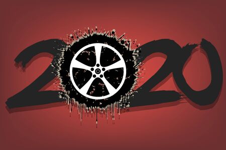 Abstract numbers 2020 and a car wheel from blots. 2020 New Year on an isolated background. Design pattern for greeting card. Grunge style. Vector illustrationのイラスト素材