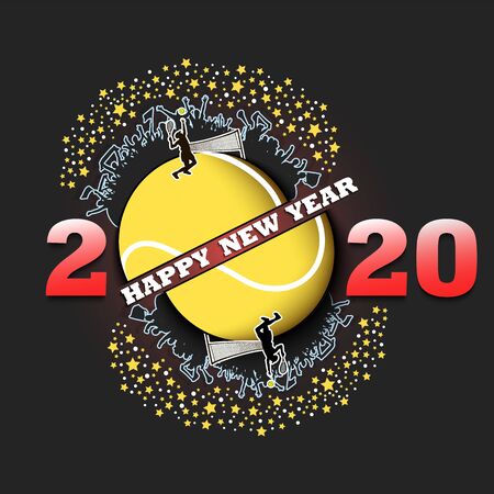 Happy new year 2020 and tennis ball with tennis player and fans. Creative design pattern for...