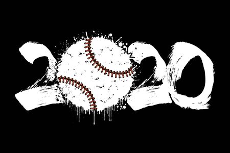 Abstract numbers 2020 and baseball ball made of blots in grunge style. 2020 New Year on an isolated background. Design pattern. Vector illustrationのイラスト素材