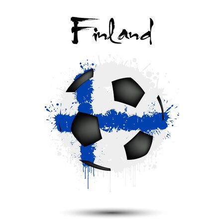 Abstract soccer ball painted in the colors of the Finland flag. Flag of Finland in the form of a soccer ball made of blots on an isolated background. Grunge style. Vector illustrationのイラスト素材