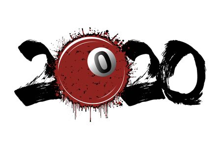 Abstract numbers 2020 and billiard ball made of blots in grunge style. 2020 New Year on an isolated background. Design pattern. Vector illustrationのイラスト素材