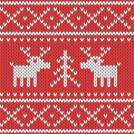 Knitted Christmas pattern. Wool festive sweater with Reindeer. Design template. Knitted geometric background. Fashion knitwear. Seamless knitting fabric texture. Vector illustrationのイラスト素材