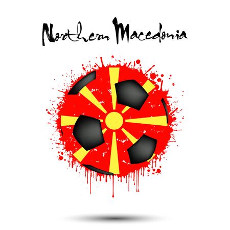 Abstract soccer ball painted in the colors of the Northern Macedonia flag. Flag of Macedonia in the form of a soccer ball made of blots on an isolated background. Grunge style. Vector illustrationのイラスト素材