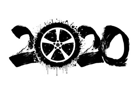Abstract numbers 2020 and car wheel made of blots in grunge style. 2020 New Year on an isolated background. Design pattern. Vector illustrationのイラスト素材