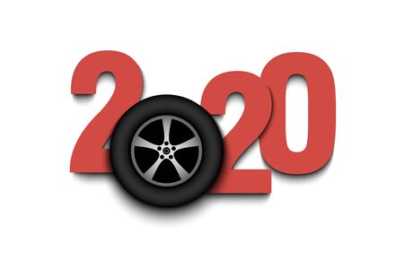 New Year numbers 2020 and car wheel on an isolated background. Creative design pattern for greeting...