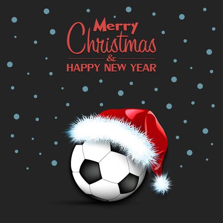 Merry Christmas and Happy New year. Soccer ball in santa hat and snowflakes on isolated background. Minimalistic pattern for graphic design greeting cardのイラスト素材