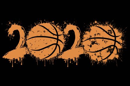 Abstract numbers 2020 and basketball ball made of blots in grunge style. 2020 New Year on an isolated background. Design pattern.のイラスト素材