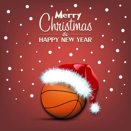 Merry Christmas and Happy New year. Basketball ball in santa hat and snowflakes on isolated background. Minimalistic pattern for graphic design greeting card, poster, flyer. Vector illustrationのイラスト素材