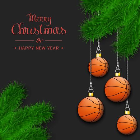 Marry Christmas and Happy New Year. Basketball balls as a Christmas decorations hanging on a Christmas tree branch. Design pattern for greeting card, banner, poster, flyer. Vector illustrationのイラスト素材