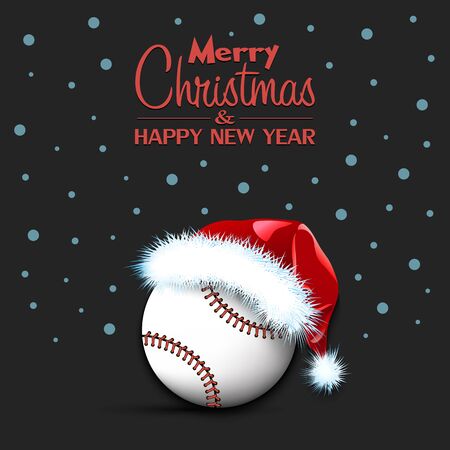Merry Christmas and Happy New year. Baseball ball in santa hat and snowflakes on isolated background. Minimalistic pattern for graphic design greeting card, poster, flyer. Vector illustrationのイラスト素材