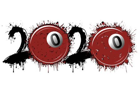 Abstract numbers 2020 and billiard ball made of blots in grunge style. 2020 New Year on an isolated background. Design pattern. Vector illustrationのイラスト素材