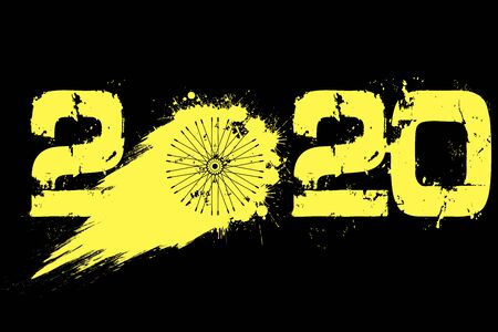 Abstract numbers 2020 and bicycle wheel made of blots in grunge style. 2020 New Year on an isolated...