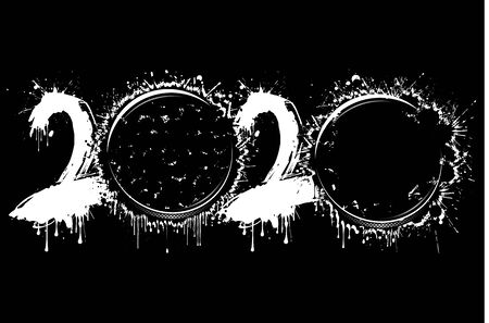 Abstract numbers 2020 and hockey puck made of blots in grunge style. 2020 New Year on an isolated background. Design pattern. Vector illustrationのイラスト素材