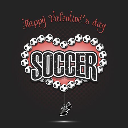 Happy Valentines Day. Soccer balls located in the form of a heart and hanging boot on an isolated background. Design pattern for greeting card, banner, poster, flyer, invitation. Vector illustrationのイラスト素材