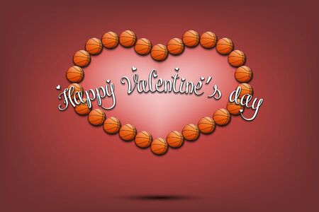 Happy Valentines Day. Basketball balls located in the form of a heart on an isolated background. Design pattern for greeting card, banner, poster, flyer,  invitation party. Vector illustrationのイラスト素材