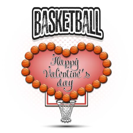 Happy Valentines Day. Basketball balls located in the form of a heart and basket on an isolated background. Design pattern for greeting card, banner, poster, flyer, invitation. Vector illustrationのイラスト素材