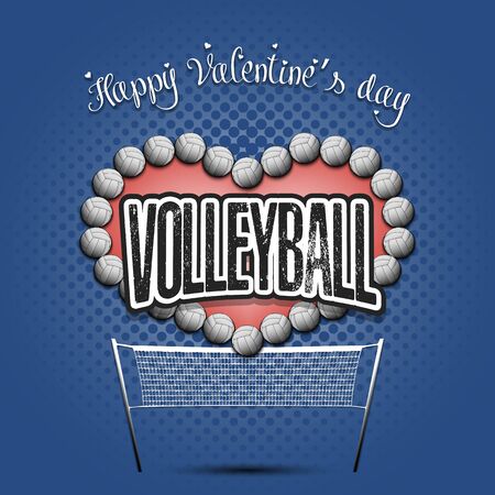 Happy Valentines Day. Volleyball balls located in the form of a heart and grid on an isolated background. Design pattern for greeting card, banner, poster, flyer, invitation. Vector illustrationのイラスト素材