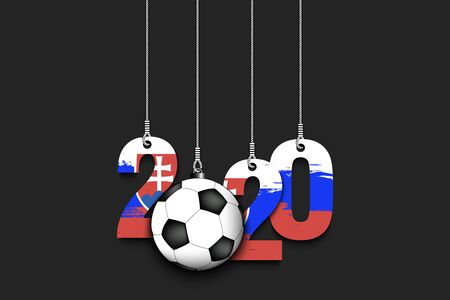 Figures 2020 in colors of the flag of the Slovakia and soccer ball hanging on strings on an isolated background. Design pattern for banner, poster, flyer, invitation. Vector illustrationのイラスト素材