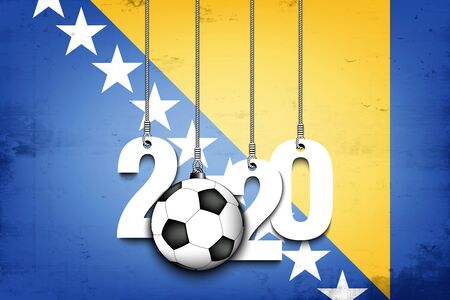 Figures 2020 and soccer ball hanging on strings against the background of the flag of Bosnia and Herzegovina. Design pattern for banner, poster, flyer. Vector illustrationのイラスト素材
