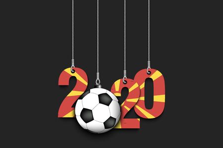 Figures 2020 in colors of the flag of the Northern Macedonia and soccer ball hanging on strings on an isolated background. Design pattern for banner, poster, flyer. Vector illustrationのイラスト素材