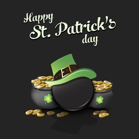 Happy St. Patricks day. Hockey puck with St. Patrick hat and pot with gold on an isolated background. Pattern for banner, poster, greeting card, invitation. Vector illustrationのイラスト素材