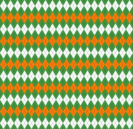 St. Patricks day Argyle plaid. Scottish pattern in green, orange and white rhombuses. Scottish cage. Traditional Scottish background of diamonds. Seamless fabric texture. Vector illustrationのイラスト素材