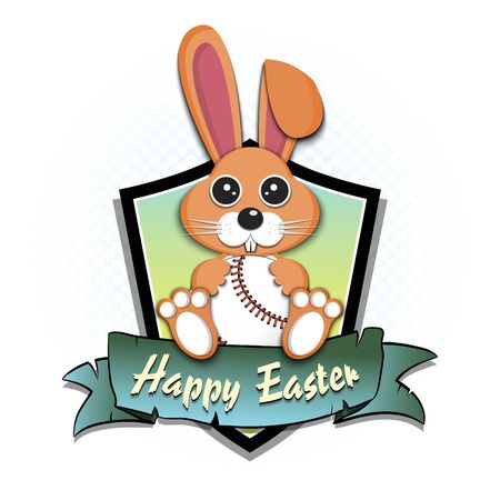 Happy Easter. Easter  design template. Easter rabbit with baseball ball on an isolated background. Pattern for greeting card, banner, poster, emblem, invitation. Vector illustrationのイラスト素材