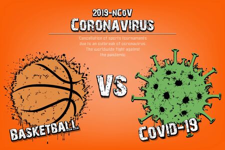 Banner basketball vs covid-19 made of blots. Basketball ball against coronavirus sign. Cancellation of sports tournaments. Pattern design. The worldwide fight against the pandemic. Vector illustrationのイラスト素材