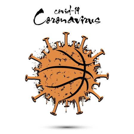 Coronavirus sign with basketball ball made of blots. Stop covid-19 outbreak. Caution risk disease 2019-nCoV. Cancellation of sports tournaments due to an outbreak of coronavirus. Vector illustrationのイラスト素材