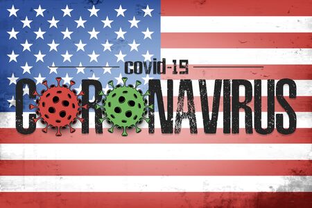 Flag of USA with coronavirus covid-19. Virus cells coronavirus bacteriums against background of the flag of USA. Coronavirus outbreak in America. Mode quarantine. Vector illustrationのイラスト素材